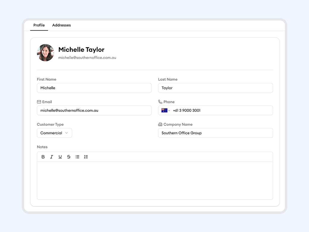 Homitask screenshot — Complete profiles for every customer