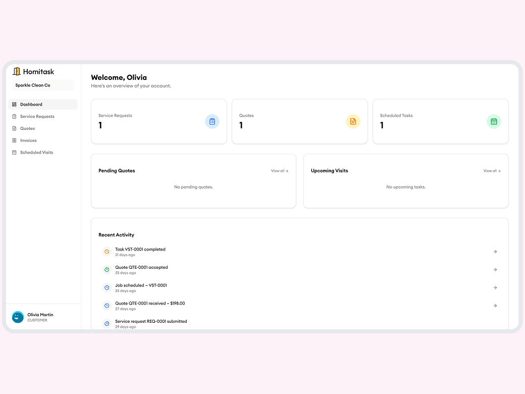Homitask screenshot — Let customers help themselves