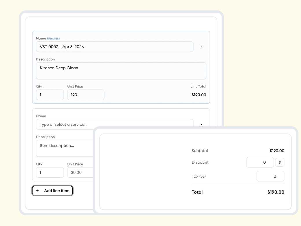 Homitask screenshot — Flexible line items with automatic tax calculations