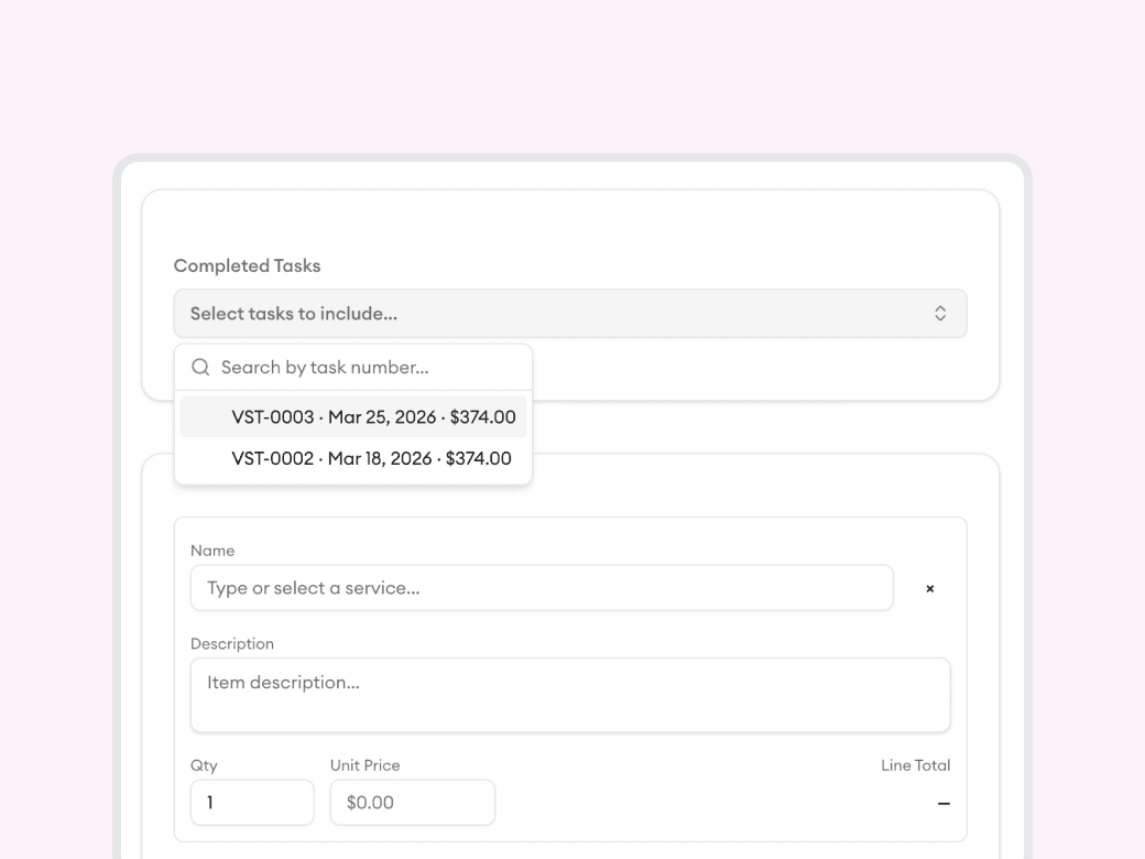 Homitask screenshot — Invoice multiple jobs in one go
