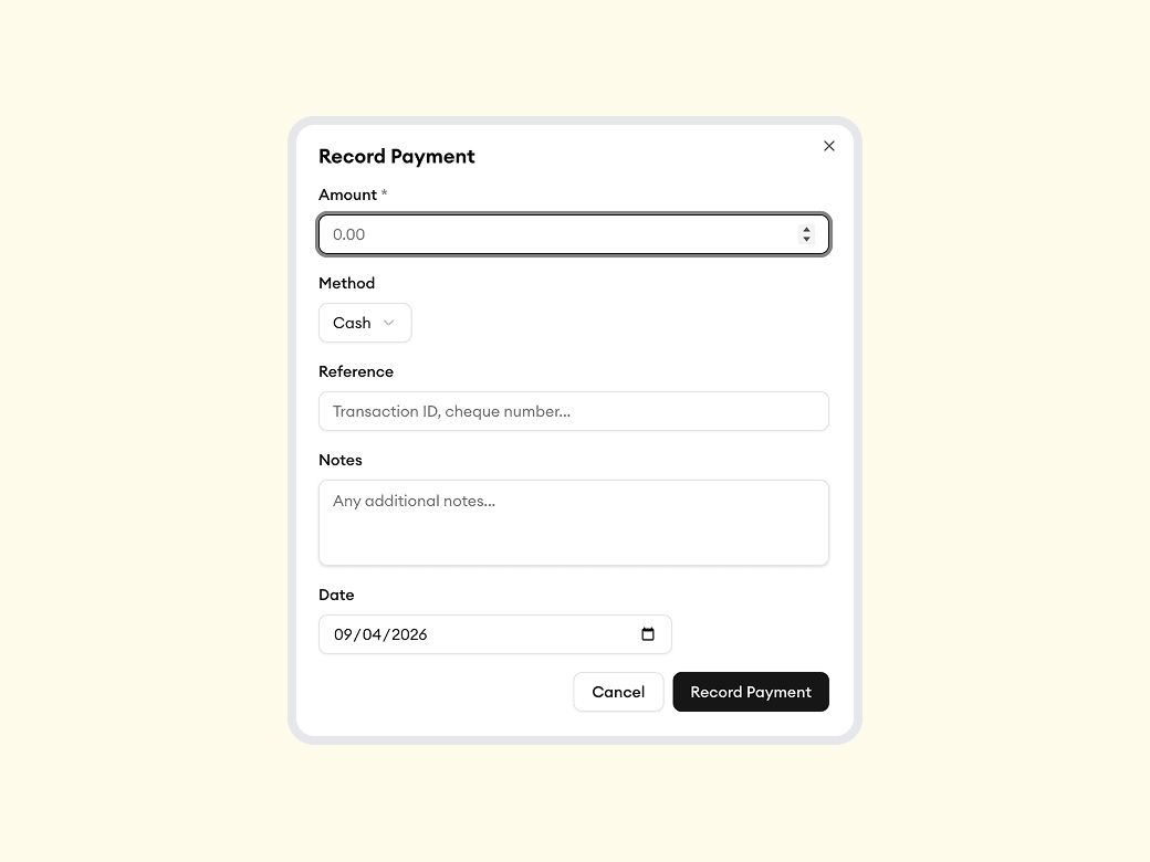 Homitask screenshot — Record payments manually with full detail