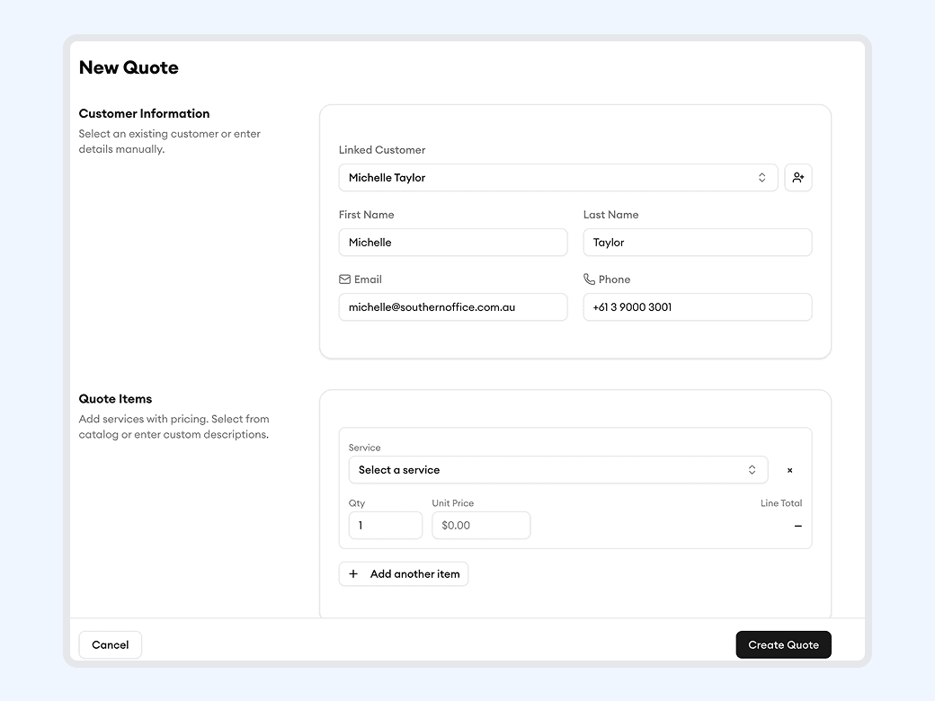 Homitask screenshot — Build detailed quotes in minutes, not hours