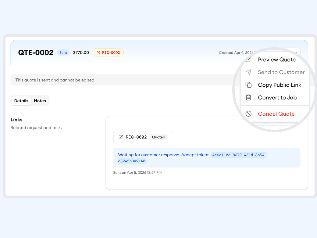 Homitask screenshot — Convert approved quotes to jobs in one click