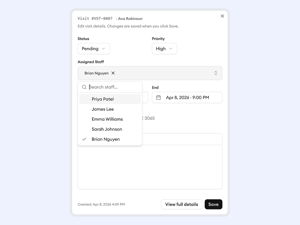 Homitask screenshot — Plans change. Reassign in one click.