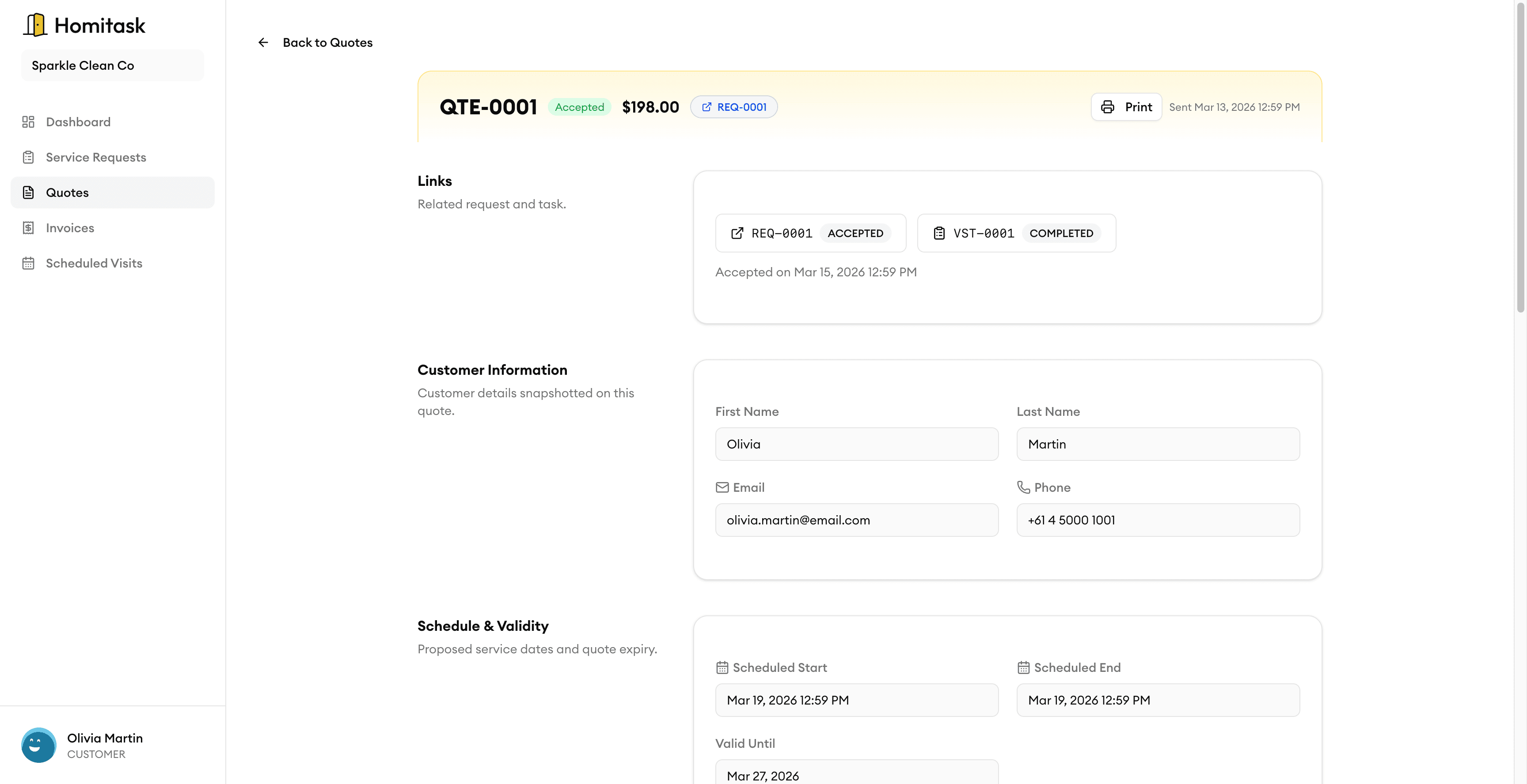 Homitask customer quote approval interface — Get quotes approved faster. Win more jobs.