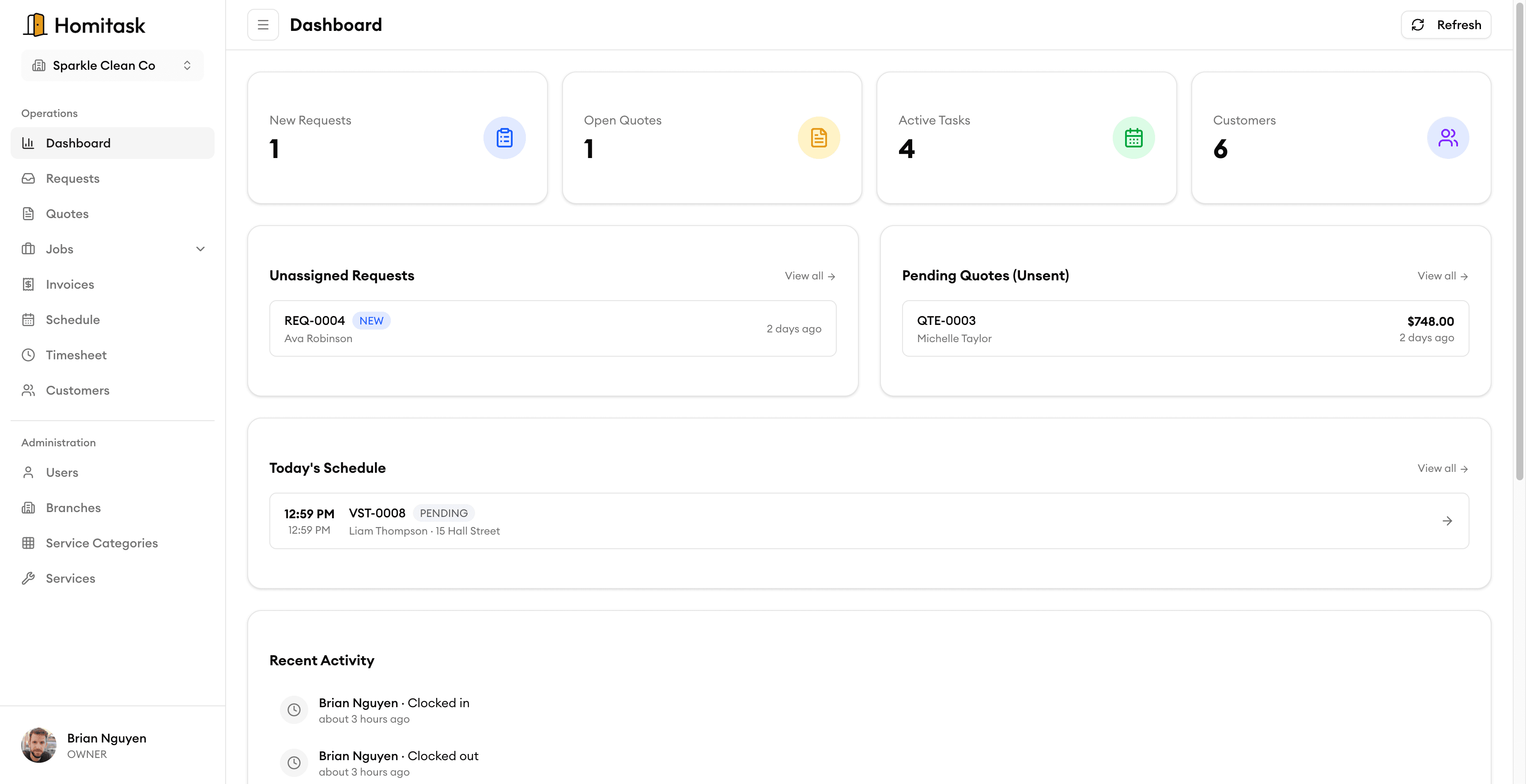 Homitask insights & operations interface — Know your numbers. Run your day. Stay informed.