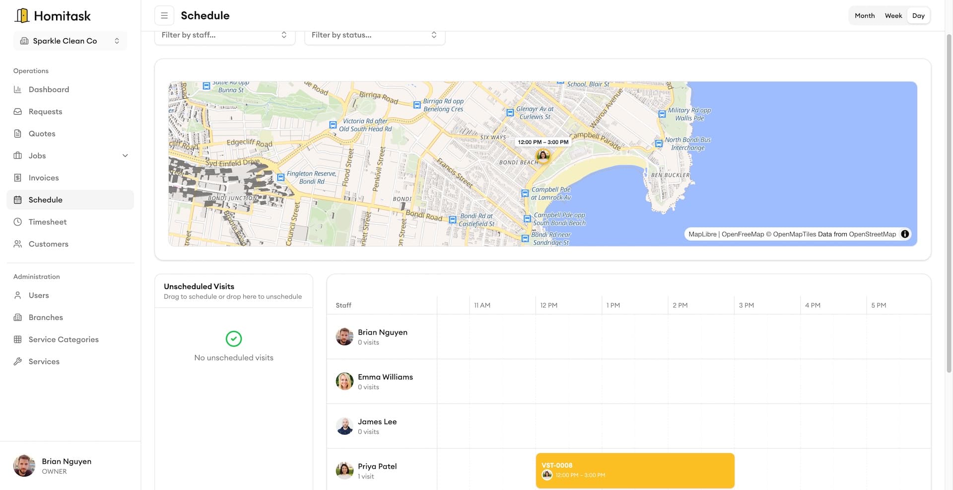 Homitask map view interface — See every job on the map. Plan smarter routes.