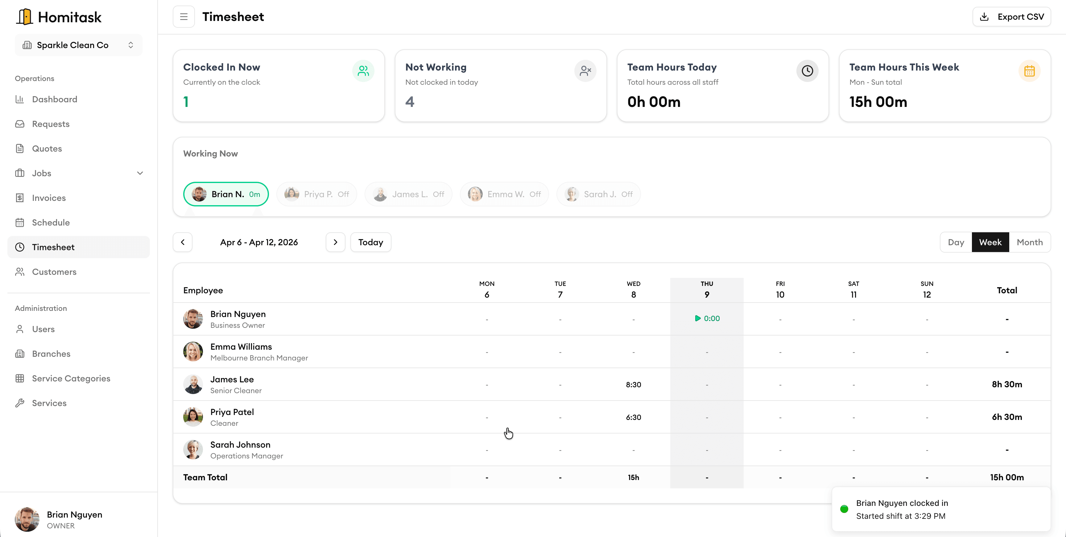Homitask mobile clock in/out interface — Your crew clocks in from anywhere. You see it instantly.