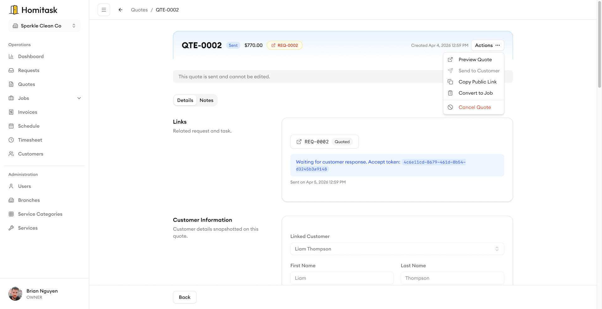 Homitask quote-to-job conversion interface — Turn approved quotes into jobs instantly.