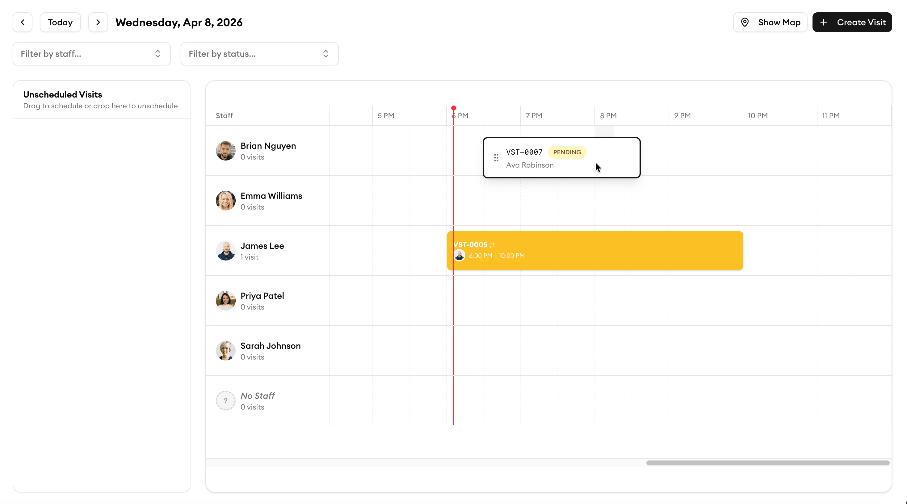 Homitask task assignment screen showing team members, skill-based job matching, and mobile notifications